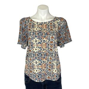 LUCKY BRAND Flutter Sleeve Tee Open Back Aztec Print Boho Cream Blue Small